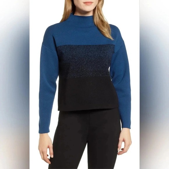 Anne Klein Mock-Neck Colorblock Viscose Blend Boxy Sweater, Color Blue/Blck Sz L - Picture 1 of 15